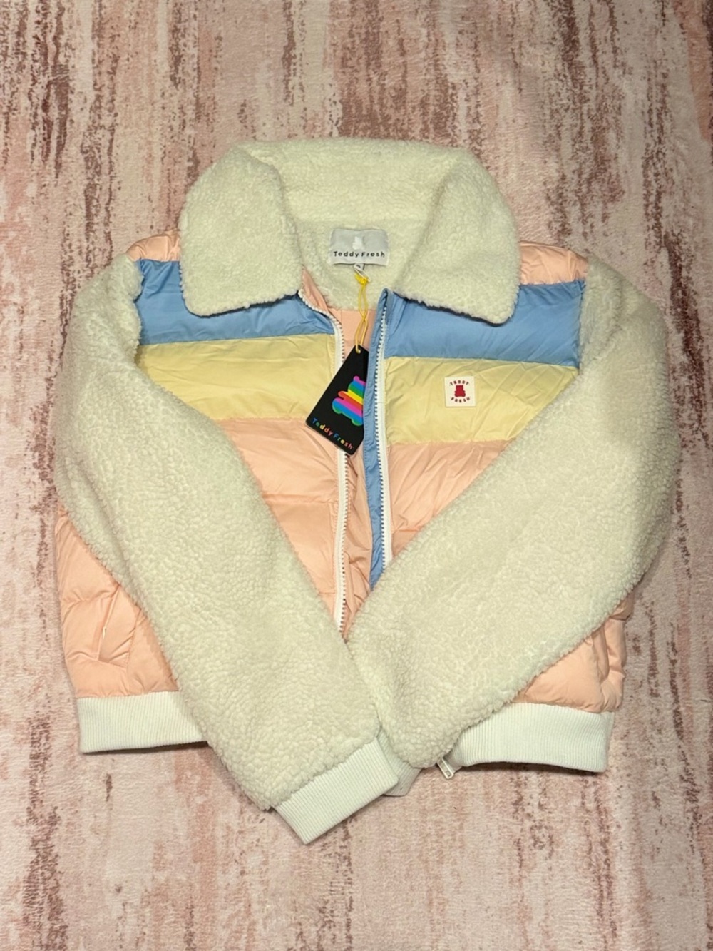Teddy Fresh Pastel Panel Sherpa Jacket in Peach, Blue & Yellow